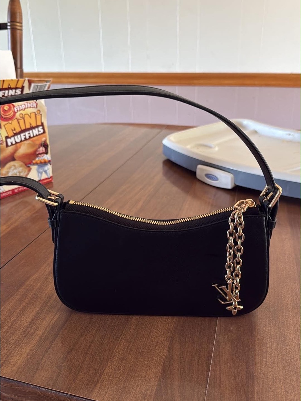 Black Shoulder Bag with Gold Chain Accent